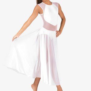 Double Platinum DanceWear White Lycra and Mesh Long Skirt Leotard Cap Sleeve